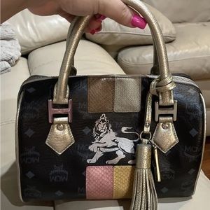 Authentic MCM 
Lion Black Coated Canvas
Leather Small Boston
Handbag TODAY ONLY